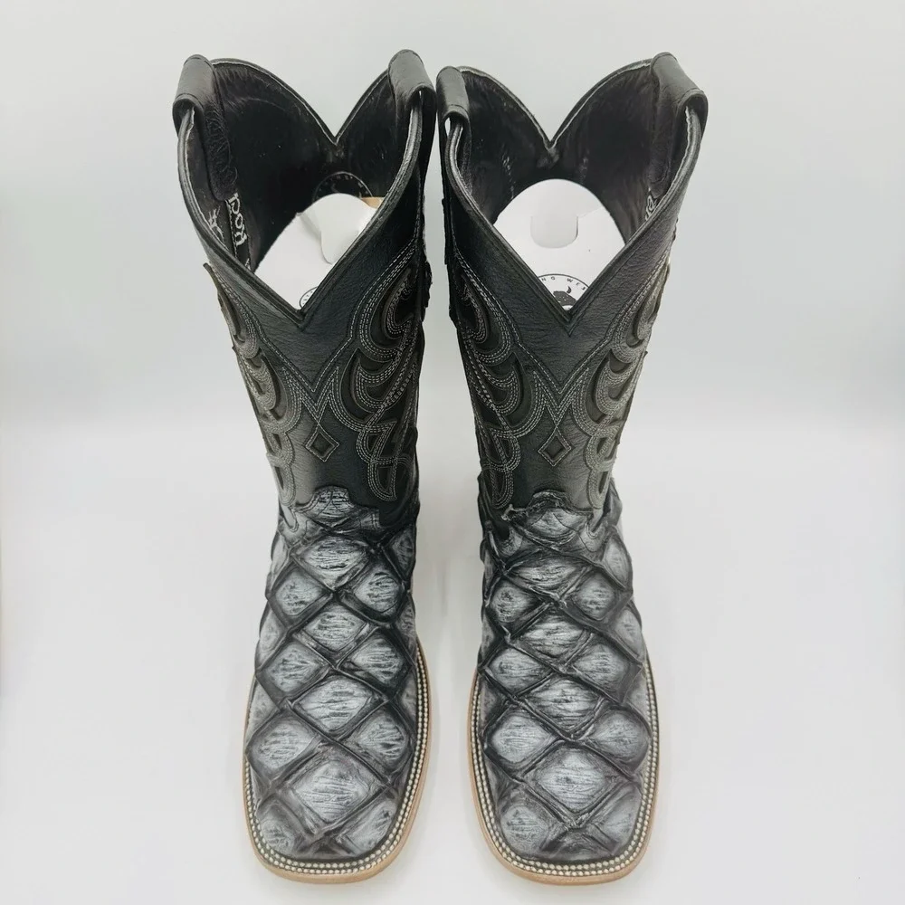 Rock'em Big Bass Print Boots Men's Size 7.5 EE‎ Black Leather  Square Toe